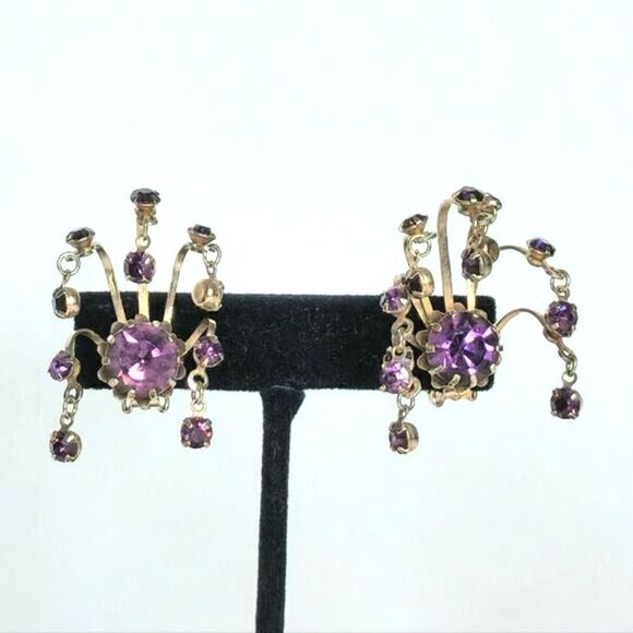 Vintage Austrian Gold amethyst funky spray dangle earrings - Picture 1 of 13